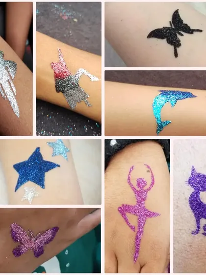 A collage of recent work from a fun birthday party. It features a variety of designs including a ghost, unicorn, dolphin, stars, ballerina, and cat.