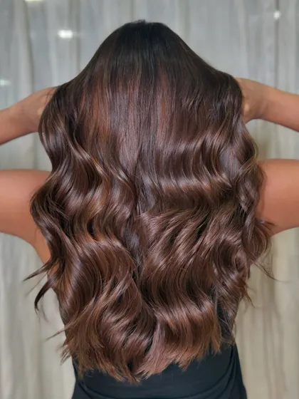 The back view of this dreamy brown look, showcasing the full length and health of the hair. The color is consistent and vibrant from root to tip.