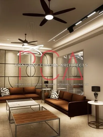 A render of the living room for the Vasant Kunj project, designed with textured wall panels and contemporary furniture for a sophisticated lounge feel.