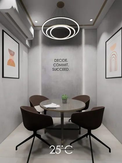 This 3D render shows a concept for a small, private meeting huddle. The design utilizes a compact footprint efficiently, with comfortable seating, a central table, and minimalist artwork to create a focused space for collaboration.