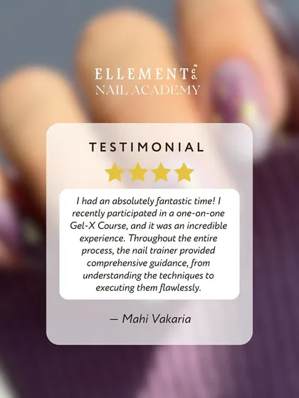 "An incredible experience." Mahi shares her feedback from a one-on-one Gel-X course, praising the comprehensive guidance from understanding the techniques to executing them flawlessly.