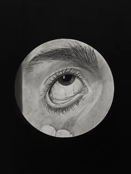 A dramatic eye sketch, looking upwards. Capturing emotion through the eye is a key focus in my workshops.
