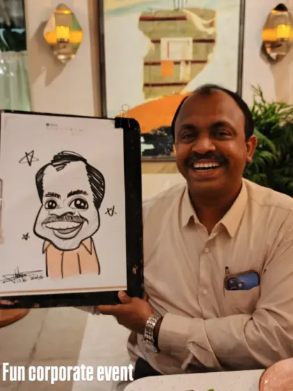 A very happy employee at a corporate event. Live sketching is a great addition to any office party or team-building event.