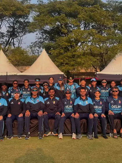 The full Delhi U-19 Women's team and staff. After five matches and five wins, we're heading to the quarterfinals.