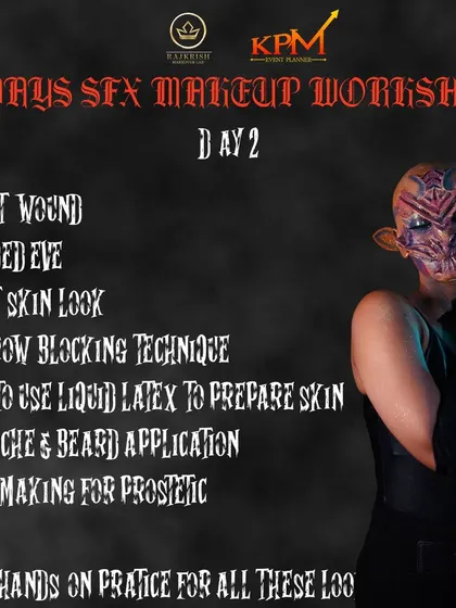 The curriculum for Day 2 of the SFX workshop focuses on more advanced techniques. This includes creating bullet wounds, burnt skin effects, and an introduction to mold making for prosthetics.