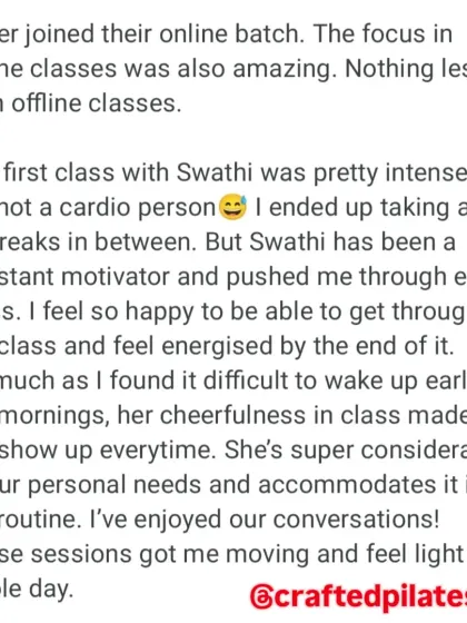 This client shares her positive experience with my online classes, noting the constant motivation and consideration for her personal needs. It shows that you can get amazing, personalized results even from a virtual setting.