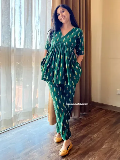 Feel festive in our bestselling bottle green Ikat co-ords. The comfortable fit and gorgeous color make this set perfect for celebrations or simply brightening your day.