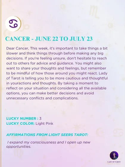 This week's tarot guidance for Cancer. It's important to take things slower and think things through. Reach out to others for advice and guidance if you feel unsure.
