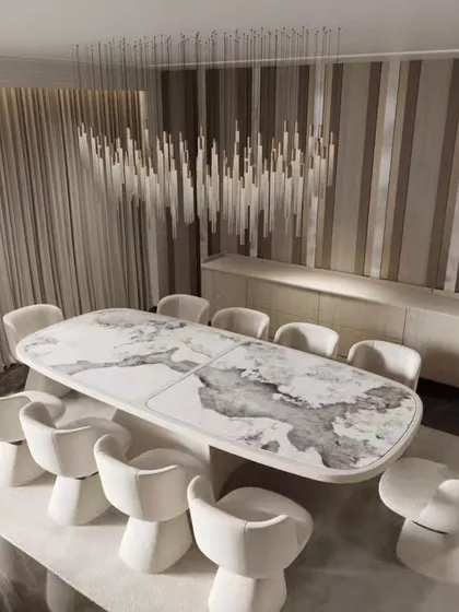 Our 3D visualization extends to every element of a room, including bespoke furniture. This high-angle view of a contemporary dining space emphasizes the sculpted chairs and marble table, showcasing our ability to render product designs with precision and style.
