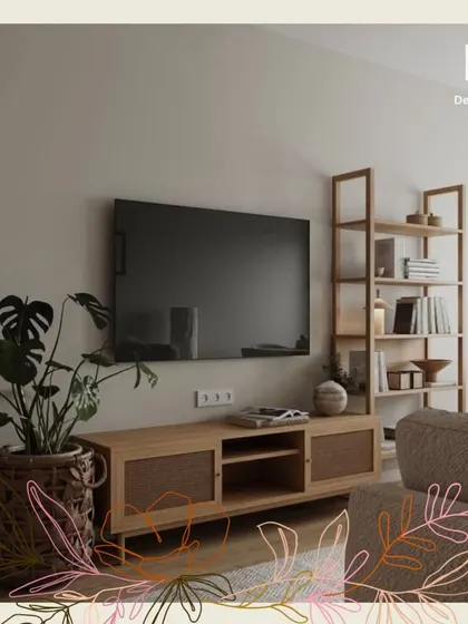 The entertainment area is kept simple and organic with a wooden media console featuring rattan doors and a ladder-style bookshelf for a light, airy feel.