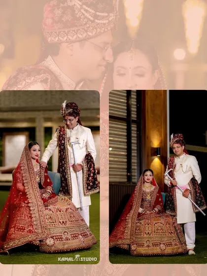 A collage of the couple's posed portraits, capturing their regal look and the details of their outfits.