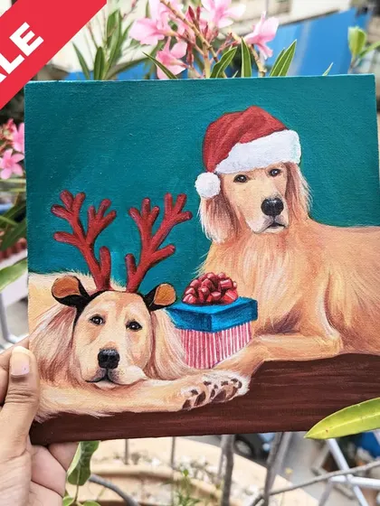 A festive original painting of two Golden Retrievers ready for Christmas. This piece is perfect for adding holiday cheer to your home.