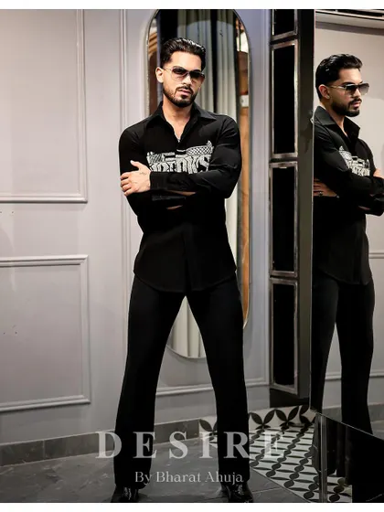 Another view of the 'BAD BOYS' gun shirt, showcasing its sharp fit and the bold statement it makes.