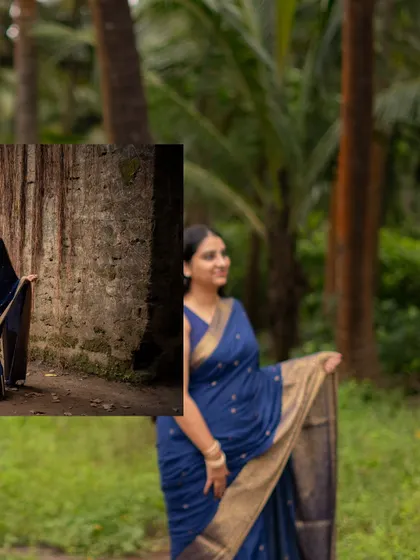 A collage featuring the bride-to-be in a beautiful blue saree, posing against both rustic fort walls and lush green nature during her pre-wedding shoot.
