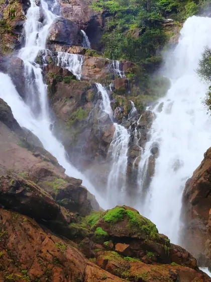 The raw power of Dudhsagar's rapids, a testament to the force of nature during the monsoon season in the Western Ghats.