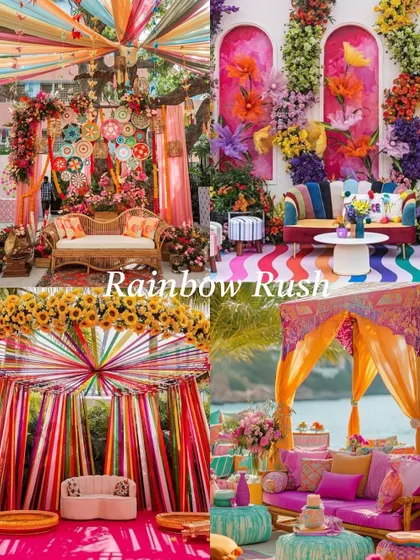 A collage showcasing our 'Rainbow Rush' theme. This theme is all about vibrant colors, perfect for a fun and high-energy Mehendi or carnival event.
