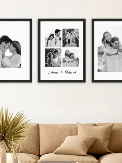A lifestyle shot showing how our set of three gallery frames can transform a living room wall into a beautiful, personal art display.