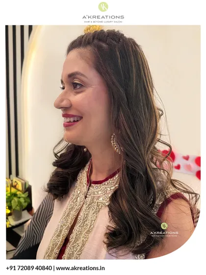 The complete look from another angle, showing how the soft makeup and detailed hairstyle come together for a polished, festive appearance.