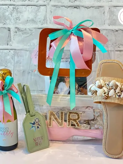 Another view of the beach bachelorette hamper, highlighting the stylish shell-decorated flip-flops, perfect for a seaside celebration.