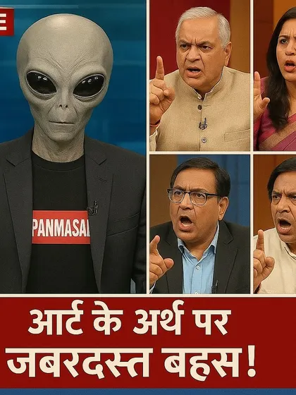 A chaotic news debate panel with an alien, titled 'A fierce debate on the meaning of art!'. This meme-style image satirizes both the current discourse around AI art and the format of Indian TV news.