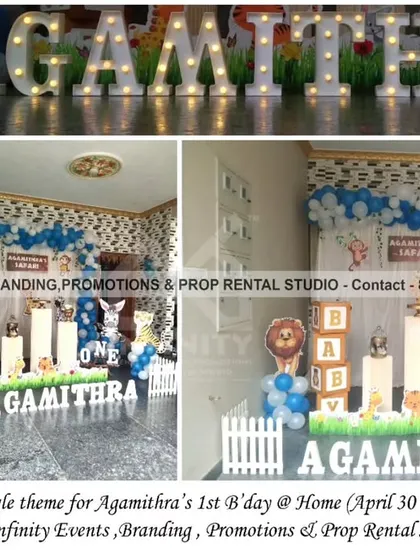 A simple jungle theme for a first birthday at home, featuring a blue and white color scheme. The decor includes a character backdrop, a balloon garland, animal cutouts, and large marquee letters for a personalized touch.