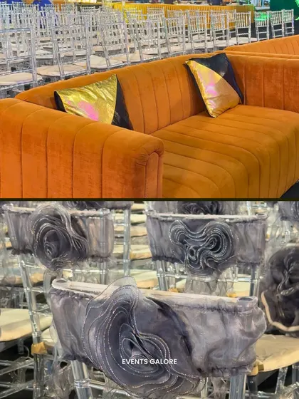Seating that makes a statement. For the Sangeet, we used plush orange velvet sofas for a pop of color and elegant transparent chairs with custom-tied sashes, proving that even functional elements can be part of the design story.