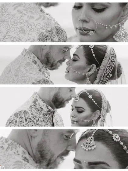 A series of intimate black and white close-ups, capturing the deep emotional connection between the cross-cultural couple.
