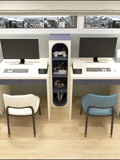A shared study desk with central storage, providing a dedicated and organized space for two siblings to work and create side-by-side.