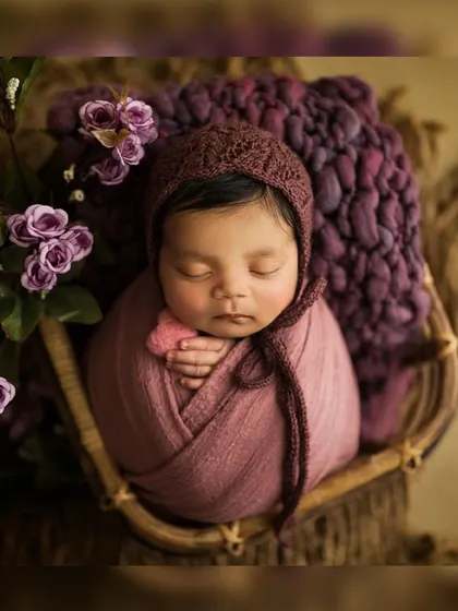 This little lady has stolen everyone's heart. A similar setup with rich purple and mauve tones, showing the variety of props and colors I offer.