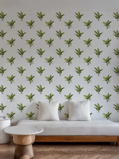 This living room wall is covered in our Wavy Banana Tree Wall Sticker pattern, creating a lush and tropical feel. The design is perfect for bringing a sense of the outdoors inside.