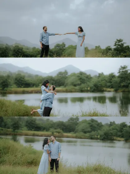 A collage showcasing the romantic and playful moments of a lakeside pre-wedding shoot. The vast, green landscape provides a stunning backdrop for their love story.