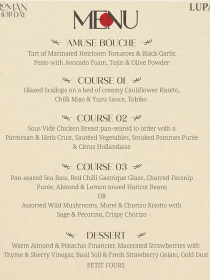 The non-vegetarian menu for our "Roman Holiday" Valentine's dinner, featuring glazed scallops, sous vide chicken, and pan-seared sea bass.