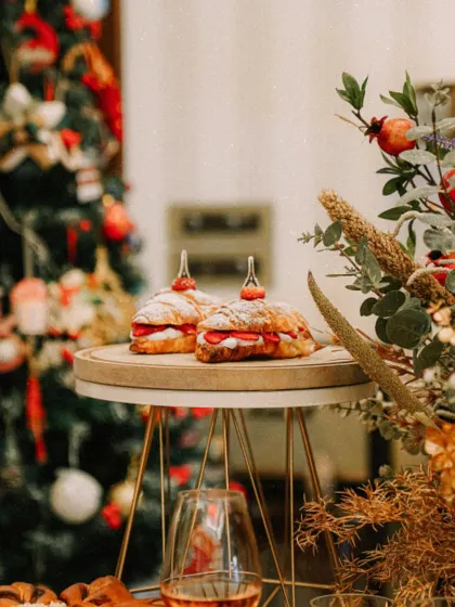 A festive shot of my strawberry croissants served at a Christmas party. They add a touch of elegance to any holiday spread.