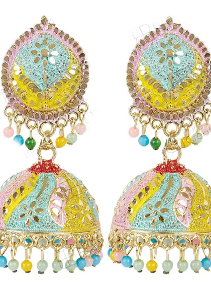 A truly festive, multi-color jhumka. This piece combines pastel shades of pink, yellow, and blue with small colorful beads, making it a fun and versatile accessory for any celebration.