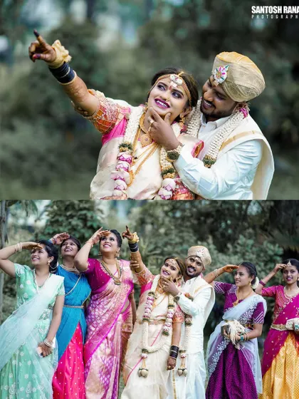 A fun-filled collage of the couple posing with their bridesmaids, full of energy and happiness.