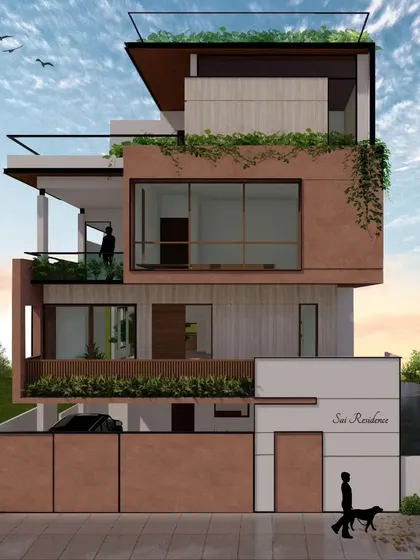 This render for the Sai Residence features a facade with travertine, wooden rafters, and textured paint. The design focuses on creating a synergy between the interior and exterior through full-height windows and green balconies.