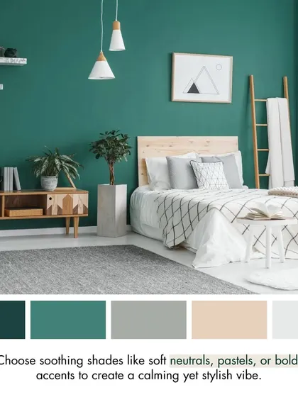 Choosing a soothing color palette is key for a master bedroom. Shades like soft neutrals, pastels, or even bold green accents can create a calming yet stylish vibe.