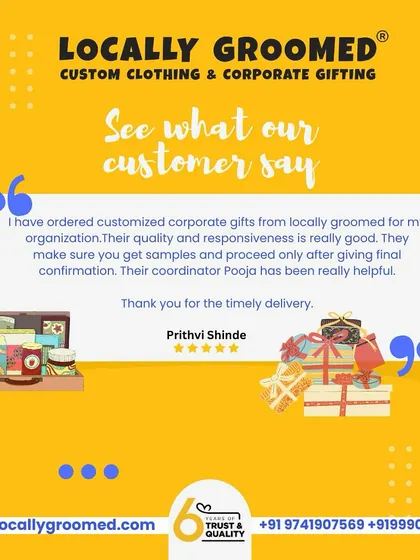 A testimonial from Prithvi Shinde, who praises our good quality, responsiveness, and helpful coordination. The review emphasizes our process of providing samples for approval before proceeding with the final order.