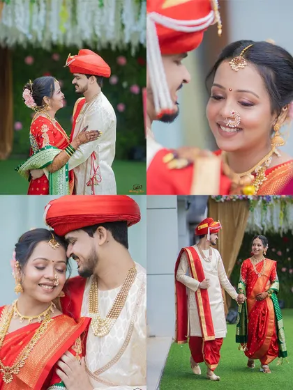 A collage of a happy Maharashtrian couple, capturing their smiles and romantic moments in their traditional red and green wedding attire.