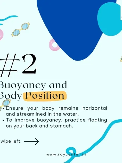 A swimming tip graphic focusing on the importance of buoyancy and body position.