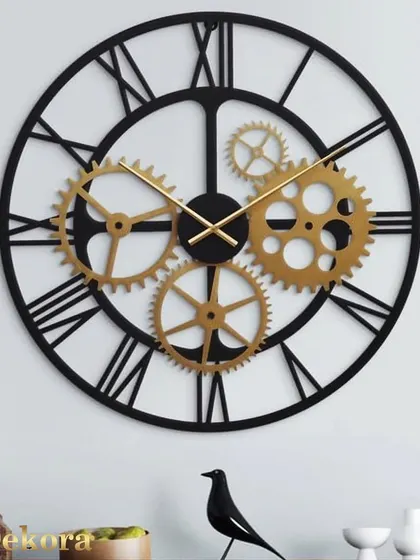 Our machine-design wall clock makes a strong statement with its intricate, non-moving gears, blending industrial art with timekeeping.