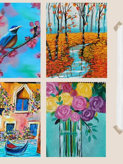 This collage features artwork created by students in my online acrylic painting course. I love seeing how people interpret the lessons and add their own unique style.