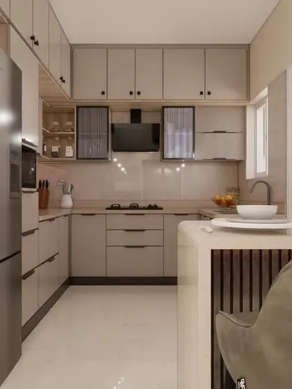 This render shows the main work area of the kitchen, with integrated appliances and a mix of open and closed storage. The beige and wood-tone combination creates a warm and inviting atmosphere.