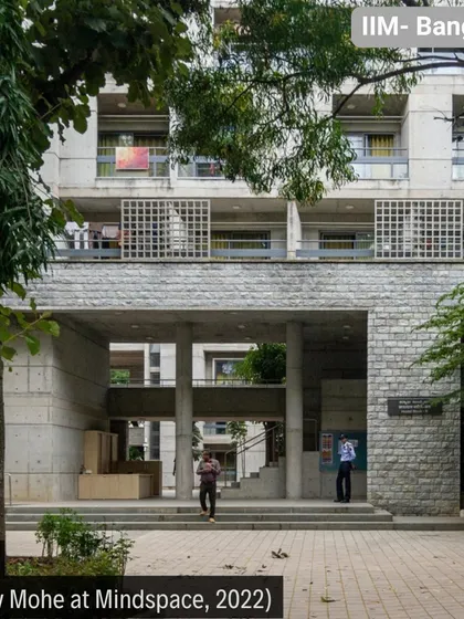The new student hostel at IIM Bangalore respects the campus's original architectural language while addressing modern needs for density. The design features a porous, inviting entrance plaza and a central courtyard that has become a hub of student activity.
