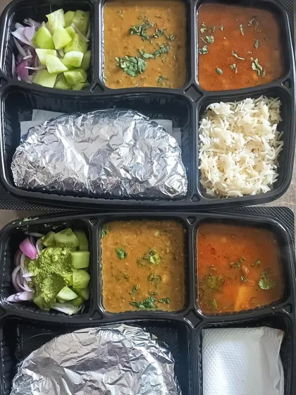 A customized thali with two different dals and a sabzi. I am always happy to adjust the meal according to your preferences, just let me know.