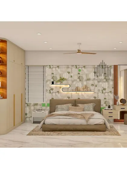 An elegant bedroom render with a neutral color palette, featuring a wardrobe with a curved, illuminated display niche.
