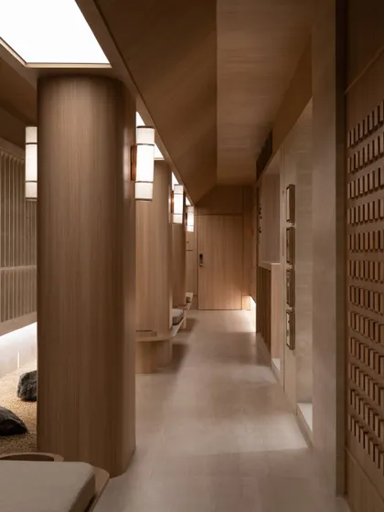 Further images from the BeWell, QBF Coffee, and Tubu projects, illustrating the consistent use of natural materials, clean lines, and thoughtful lighting to create serene and restorative commercial spaces.