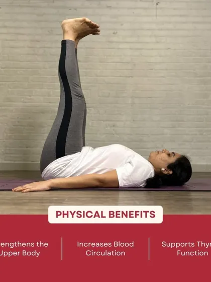 This infographic breaks down the physical benefits of Sarvangasana, such as strengthening the upper body and supporting thyroid function.