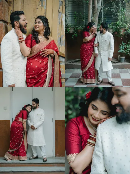 A collection of four candid moments between a couple in traditional wear. From playful cheek pinches to gentle embraces, this collage shows the range of emotions captured during a single session.