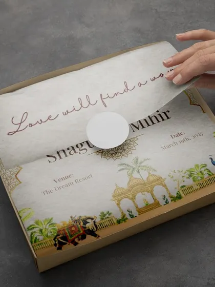 There's something so special about a physical invitation box. This one I designed for Shagun and Mihir had a beautiful, traditional Indian theme with custom illustrations of elephants and peacocks. I can create a full suite, from the box to the inserts, all tied together perfectly.